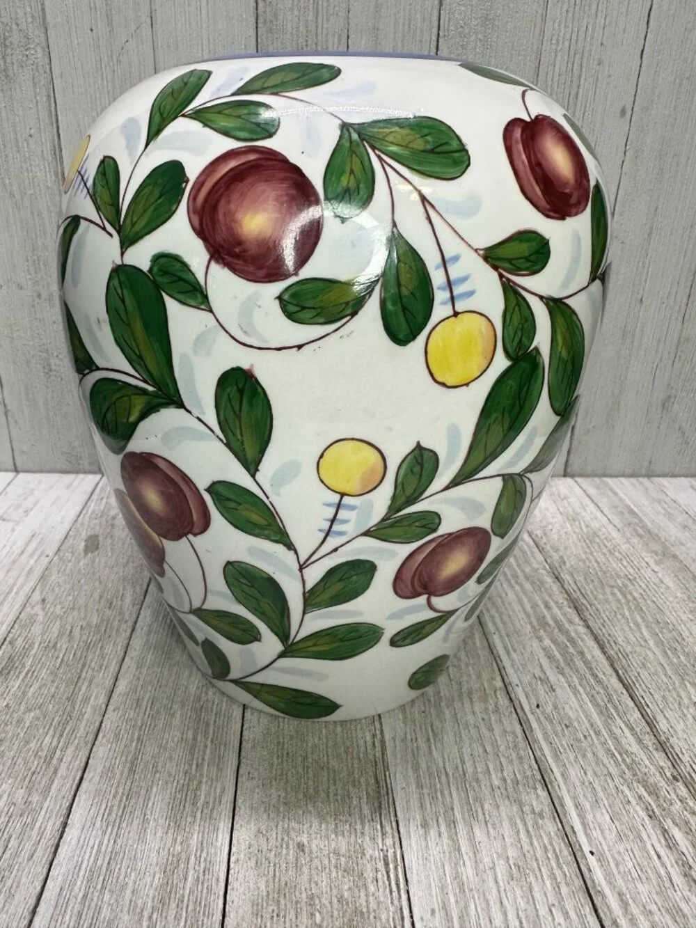 Vintage Chinese Cherry Berry Fruit Painted Vase Jar Red Stamped 8 Inches Tall